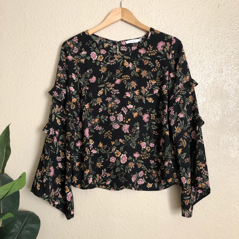 Lush Floral Ruffle Bell Sleeve Blouse